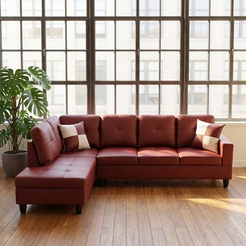 Image of L-Shaped Sectional Sofa, Modern 4-Seat Couch with Left Facing Chaise, Leather Sectional Couch for Living Room, Apartment, Office, Dark Red