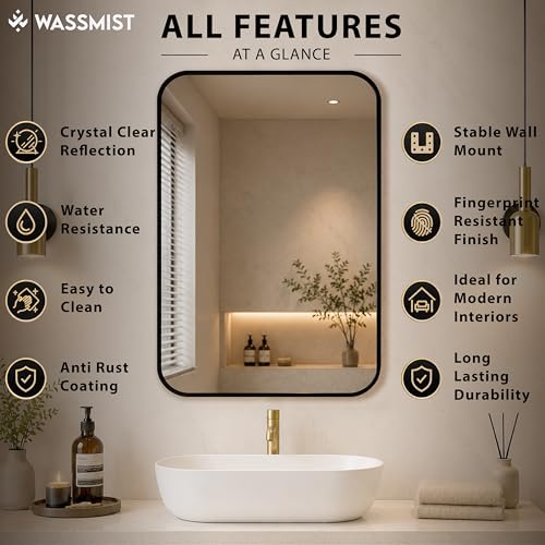 Image of WASSMIST Mirror for Bathroom Wall | Square Bathroom Mirror with Aluminium Frame | HD Reflection Wall Mirror for Living Room /Bedroom (24 X 32 inch)