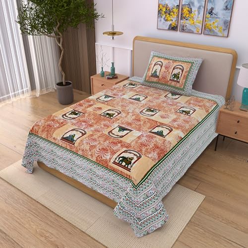 Image of EasyGoods India 00% Cotton Single Bedsheet with 1 Pillow Cover | 240 TC Pure Cotton Flat Bed Sheet | Traditional Jaipuri Printed Bedding Set | Soft & Breathable | 60 x 90 Inch (Terracotta & Beige)