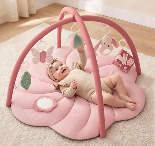 Blissful Diary Spielbogen Baby, Übergroßes Spieldecke Baby Gym Activity Decke mit 6 Abnehmbare Spielzeuge, krabbeldecke Unverzichtbare Babygeschenke, Rosa Blumenmuster