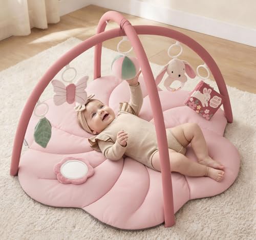 Blissful Diary Baby Play Gym Mat, Tummy Time with 6 Detachable Toys for Sensory & Motor Skill Development, Baby Activity Mat for Girl Boy Newborn Essentials Shower Gift, Pink Floral