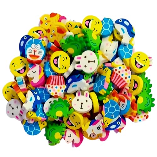 Image of Cute Cartoon Mini Erasers (Pack of 100) - Funny Shaped, Colorful Novelty Erasers for Kids, 3cm X 2cm X 0.4cm, Ideal for Birthday Return Gifts, Party Favors, and School Stationery