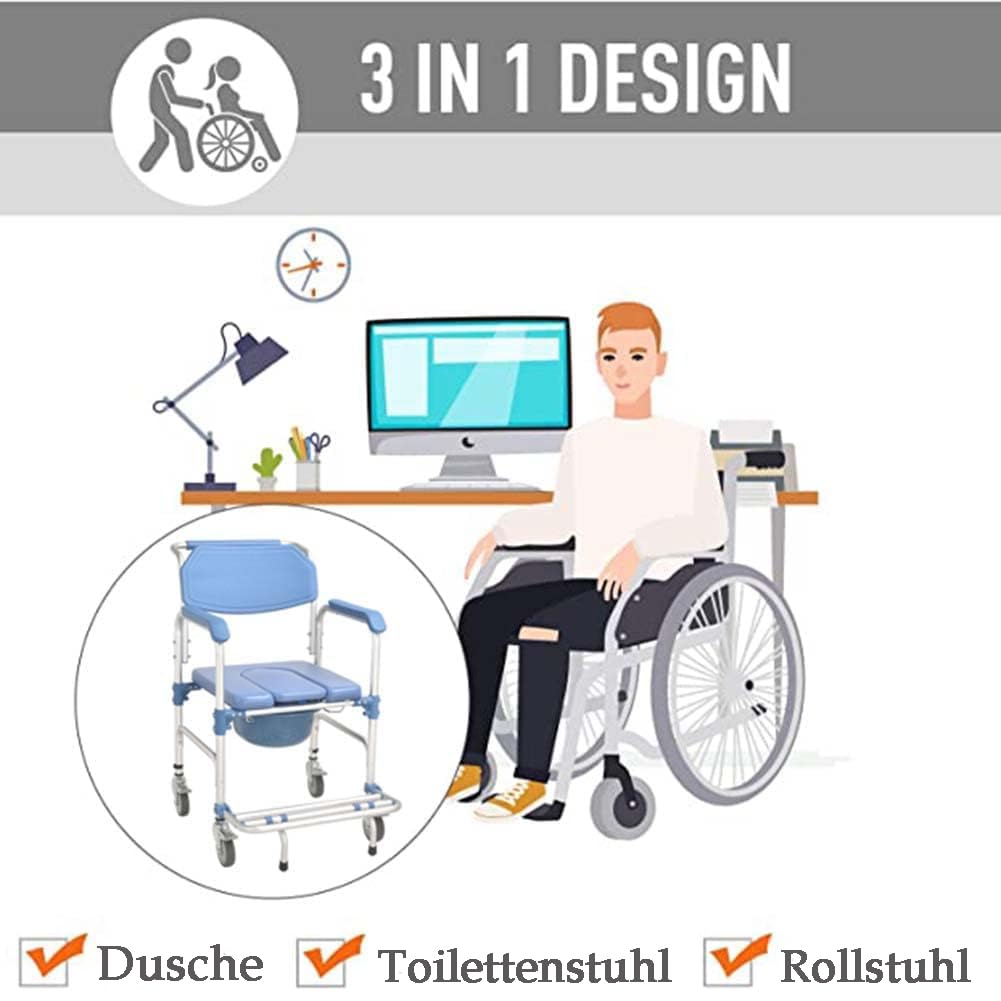 Sedia per WC mobile con braccioli e schienale, sedia da doccia con ruote per anziani e disabili, fino a 150 kg