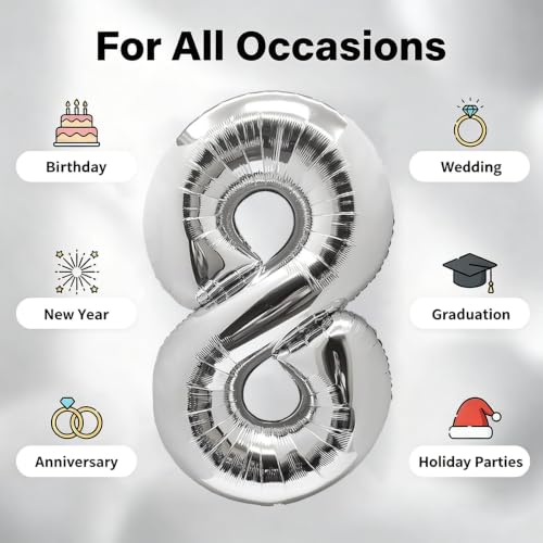 Image of Number Balloons Silver Party Balloon - Giant Number 8 Balloon, 40 Inch Large Balloon for Birthday Decorations, Silver Party Supplies for Anniversary