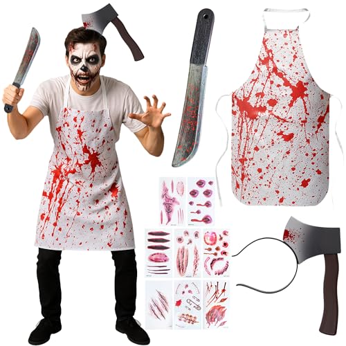 Moonlight Fright 4pc Butcher Halloween Costume Men with Apron, Fake Knife Prop, Fake Axe Headband, Wound Temporary Tattoos - Butcher Halloween Costumes Men Serial Killer Fancy Dress Adult