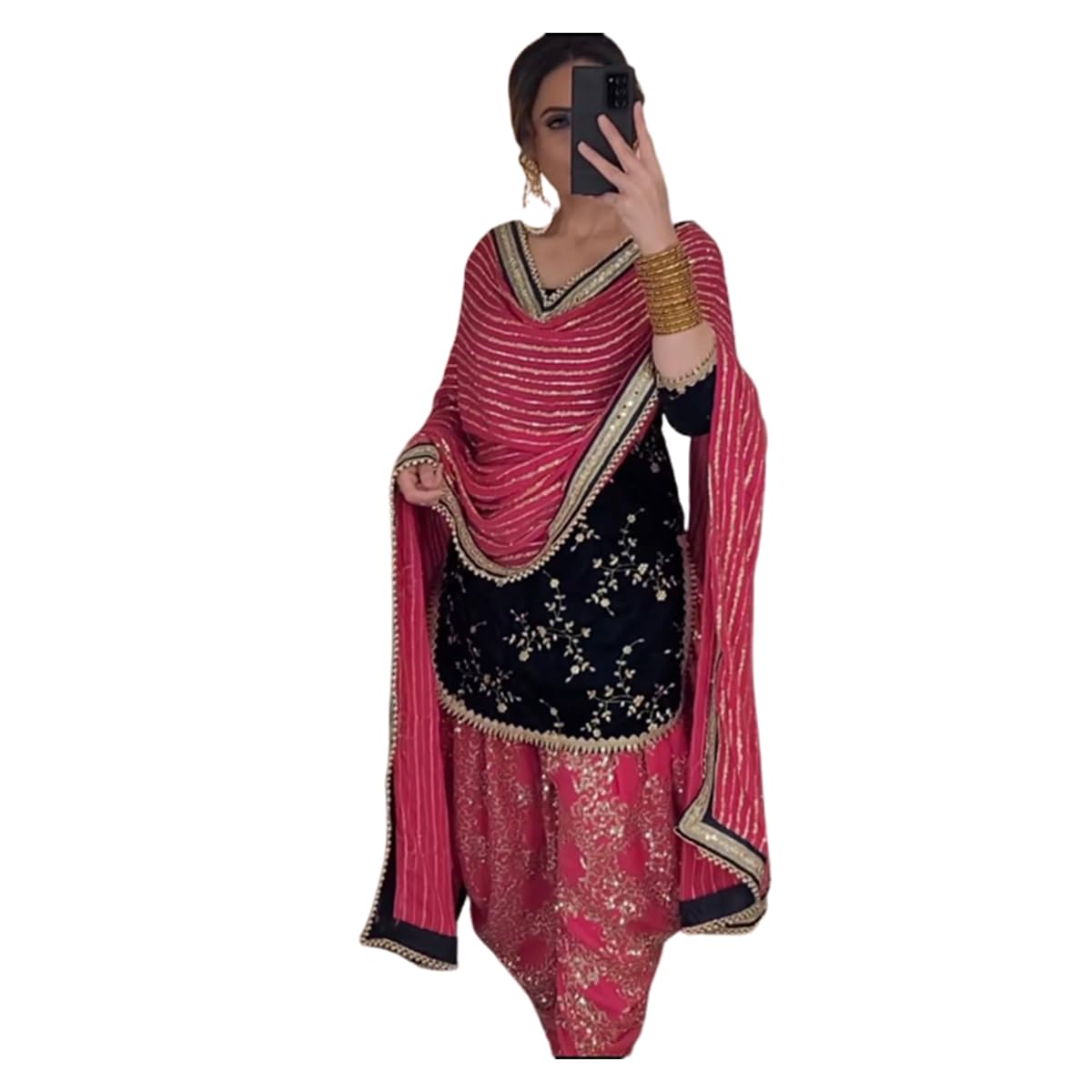 Womens Embroidered Floral Pink Georgette/Net Dhoti Salwar Suit Set with Dupatta for Women Wedding-image-29