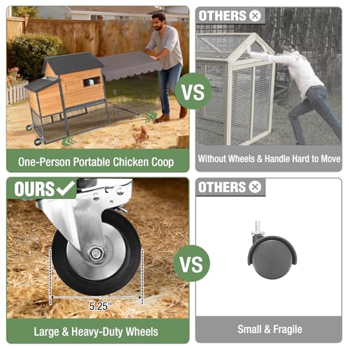 Image of Extra Large Mobile Chicken Coop with Run, Portable Chicken Tractor with Wheels, Wooden Poultry Cage with All-Around Iron Frame, Metal Sliding Tray, Nesting Boxes for 6-8 Chickens