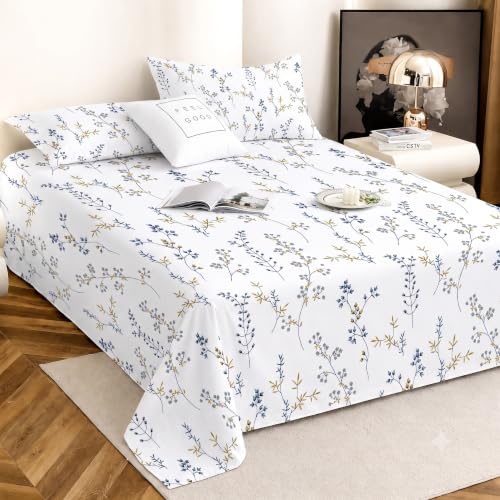 Image of IVAZA 240 TC Soft Ezyption Cotton Floral Print King Size Bedsheet - with 2 Pillow Covers, Hypoallergenic, Brethable, (Size- 90 x 90 Inch) Denim Blue