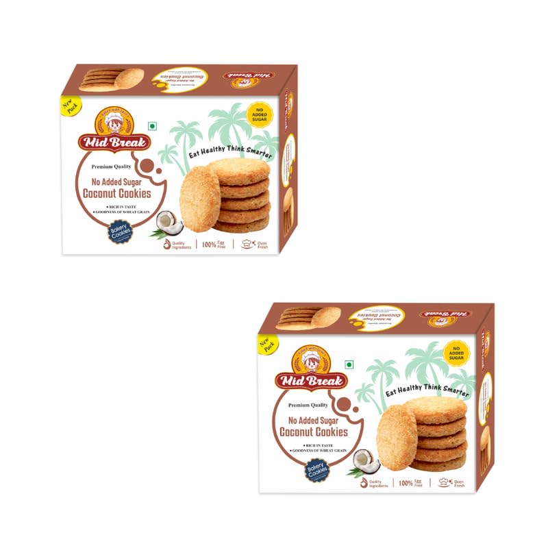 MidBreak Sugar-Free Coconut Biscuits - High Fiber Gut-Friendly Low Glycemic Index Cookies Tasty Healthy Snacks Pack of 2