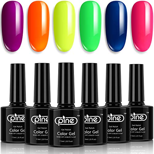 Pine Gel Nail Polish Set 6 Neon Colors Bright Purple Orange Yellow Green Blue Hot Pink 7.5ml Soak Off LED UV Cured for Home Manicure