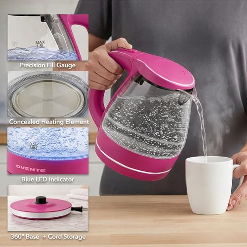 Image of OVENTE Electric Kettle, 1.5L Borosilicate Glass Countertop Water Heater and Boiler for Coffee or Tea, BPA-Free, Auto Shut-Off, Boil-Dry Protection, Removable and Washable Spout Filter, Pink KG83F