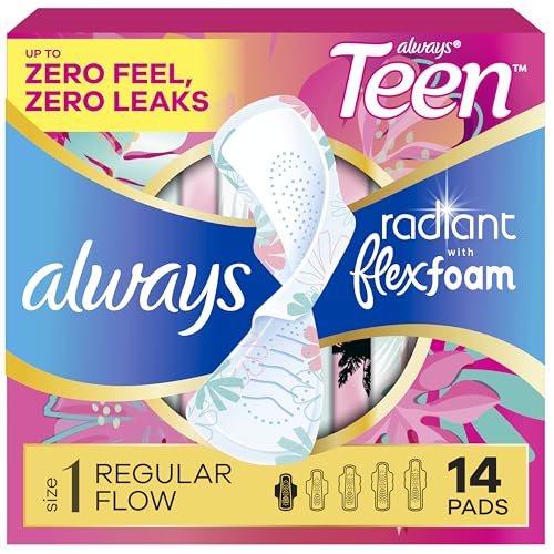 Always Radiant Teen Feminine Pads for Women, Size 1 Regular Absorbency, with Wings, Unscented, 14...