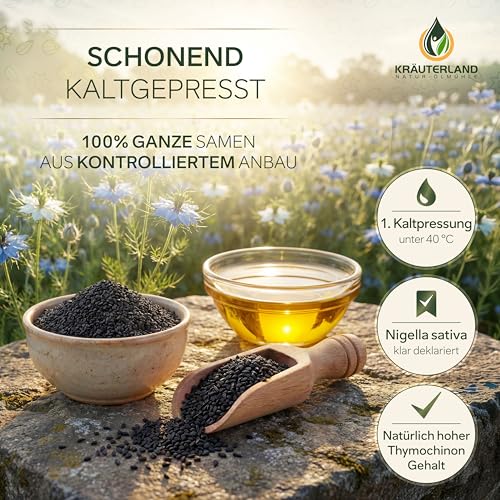 Kräuterland Schwarzkümmelöl 2X500ml (1Liter), gefiltert, naturrein ohne Zusatzstoffe, hoher Thymochinon, kaltgepresst, vegan, mild, glasflasche, mühlenfrisch direkt aus unsrer hessischen Ölmühle