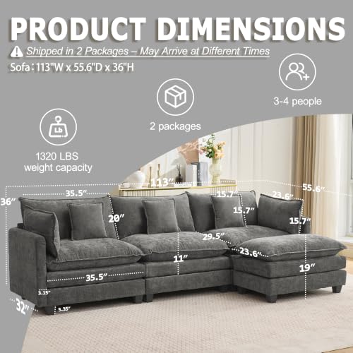 Image of 113 inch Modular Sectional Sofa, L Shaped Cloud Couch with Ottoman | Comfy Chenille Deep Seat Sofa with Throw Pillows, 4 Seat Modern Couches for Living Room Bedroom Apartment, Grey, 113 inch L