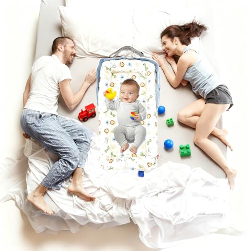 Image of Baby Lounger for Newborn-Portable Baby Lounger 0-24 Months for Home and Travel,Newborn Loungers with Strap, Baby Nest Lounger Adjustable Size,Animal World Blue