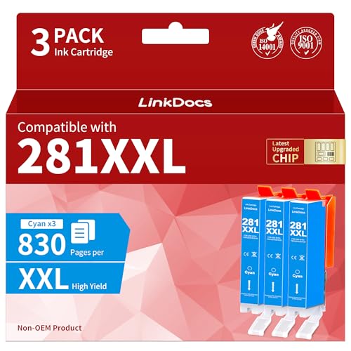 Image of LinkDocs 281XXL Cyan Ink Cartridges Compatible Replacement for Canon 281 CLI-281 XXL Cyan TR8620a Ink Cartridges Work with TR8620 TS7520 TS9520 TS9521C TR8520 TS6220 (3-Packs)
