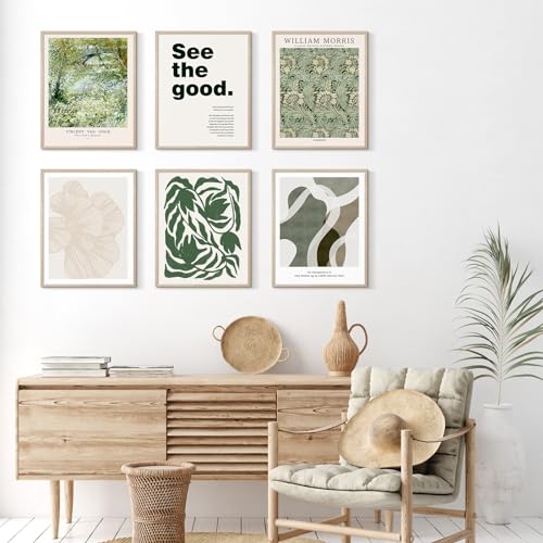 Image of Habseligkeit Green Wall Art Prints, Retro Wall Decors for Room Aesthtic, Abstract Posters for Bedroom Decor Aesthetic Unframed, 11X14in, Set of 6