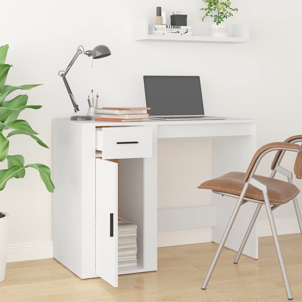 Schreibtisch Weiß Holzwerkstoff 100x49x75 cm mit Schublade und Schrank Stauraum für Homeoffice Arbeitszimmer PC Laptop Sekretär ergonomisch platzsparend vielseitig für Schüler und Gaming