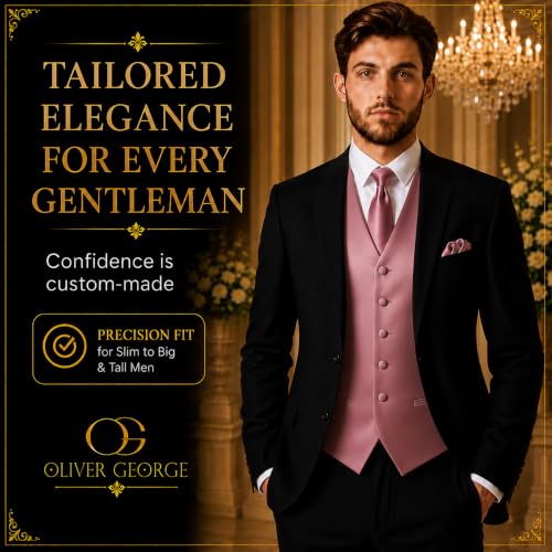 Image of Oliver George 4pc Men's Solid Formal Suit Waistcoat Tuxedo Dress Vest Necktie Bowtie Handkerchief Set for Suit or Tuxedo