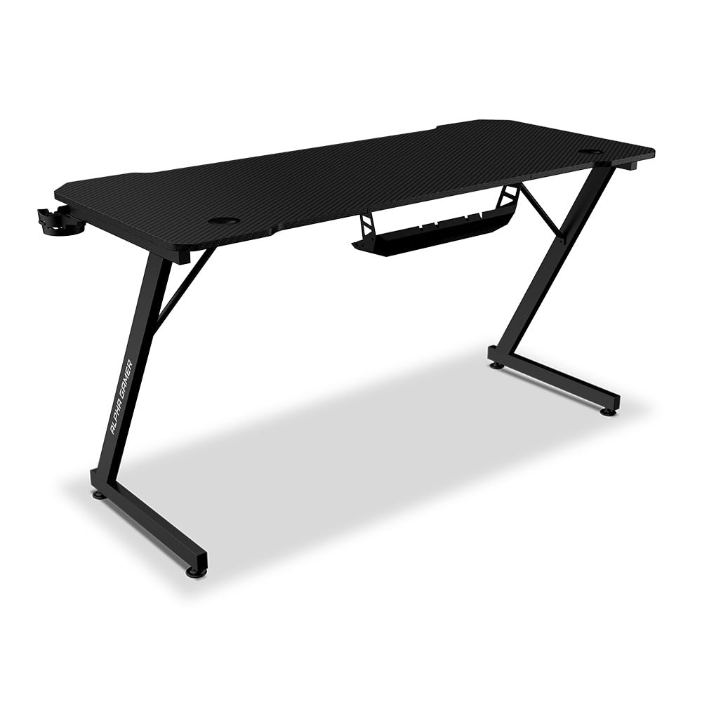 Alpha Gamer Gemina Black 140x60 cm – Escritorio Gamer con Soporte Auriculares, Portavasos, Gestión de Cables, Tapa Textura Carbono, Patas Ajustables – Negro