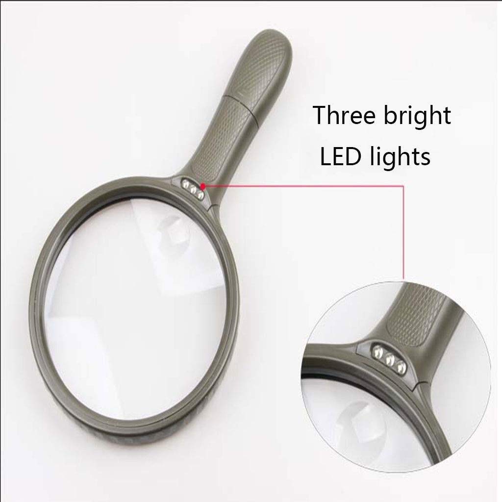 Lupas, lupas educativas para Pasatiempos, Lupa de Lectura portátil Verde Militar de 13 cm con Lente Grande y 3 Luces LED, Doble Aumento.