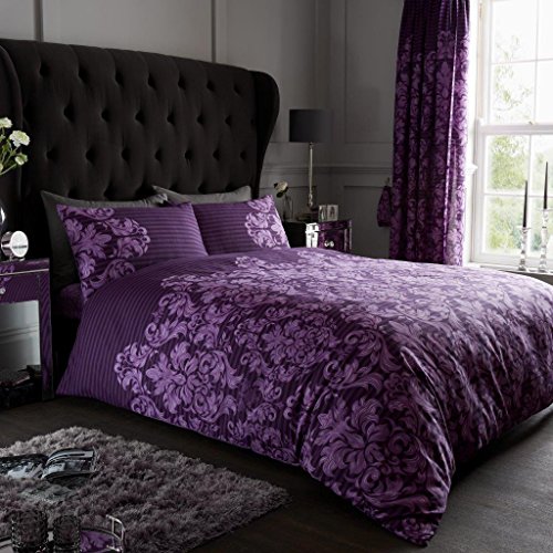 Gaveno Cavailia Empire Damask King Duvet Set Purple Reversible Easy Care Cotton Blend 3 Piece Bedding | 1 Quilt Cover + 2 Pillow Cases | Button Closure | Machine Washable
