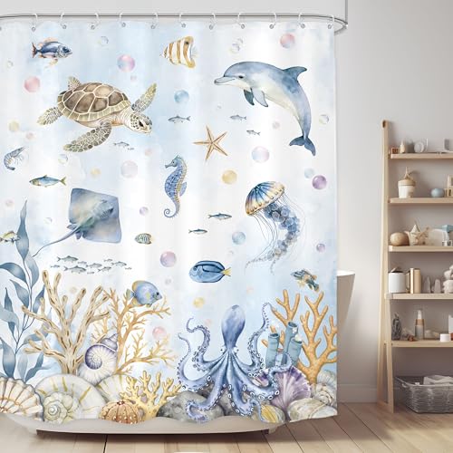 Ocean Sea Kids Cute Octopus Nautical Beach Blue Bathroom Shower Curtain Set
