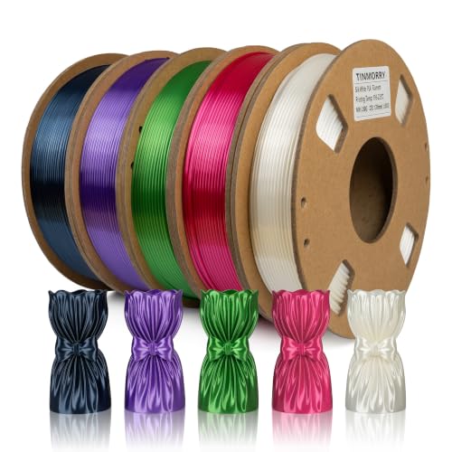 Image of TINMORRY Ultra Silk+ PLA Filament 1.75mm, Silk PLA 3D Printer Filament Bundle, 250g x 5 Spools, Pearl White+Teal Blue+Rose Red+Green+Purple, Net Weight 1.25kg
