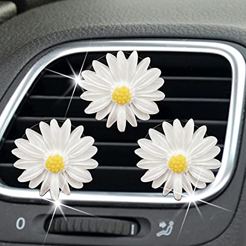 NTRR 3Pcs Cute Daisies Car Clip, Flowers Car Charm Air Vent Accessories Cute Automotive Interior Trim for Girls & Women