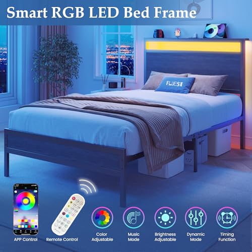Image of Fluest Twin Bed Frame with Headboard & Footboard, Twin Bed Frame with Charging Station & LED Light, Under-Bed-Storage, No Box Spring Needed, Noise Free, Easy Assembly, Rustic Grey