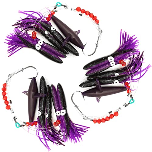 Qty 3 Fish WOW! Purple Black Fishing Daisy Bird Chain Squid Rig Teaser Trolling Lure