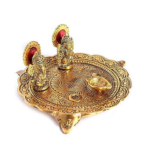 Estatua Ganesh Laxmi con Plato Dorado para Puja miniatura 4