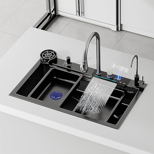 NuoJing Premium 29.5 * 17.7 in Black Kitchen Sink - Drop In Workstation, 304 Stainless Steel Waterfall Sink, Nano Coating, Experience the Perfect blend of Aesthetics, Durability, Versatility