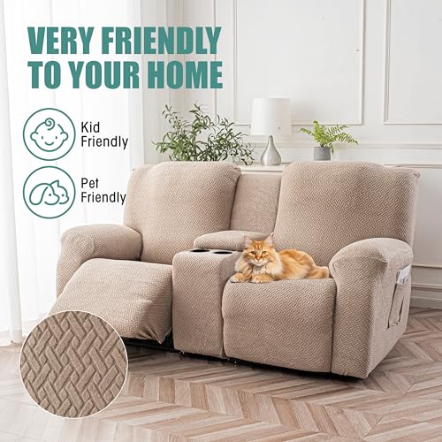 Image of Genina Recliner Loveseat Covers with Console, Stretch Reclining Sofa Covers, 2 Seater Couch Cushion Stripe Jacquard Recliner Slipcovers - Furniture Protector Covers for Pet Kid (Taupe)