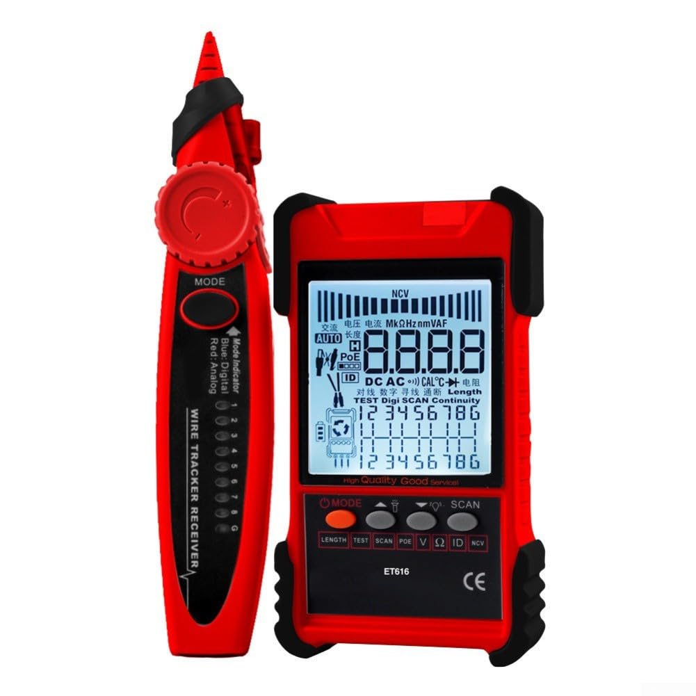 Netzwerk-Kabeltester mit PoE-Prüfung, Digitales Kabelortungsgerät für LAN/Telefon/BNC, Kabellängenmessung bis 600m, Rauschfreie Technologie, Modell ET616/ET618(ET616)