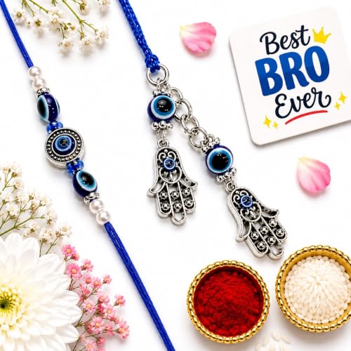 Image of eCraftIndia Set of 2 Purple Floral & Pearl Designer Rakhis with Roli Chawal Pack and Best Bro Ever Fridge Magnet