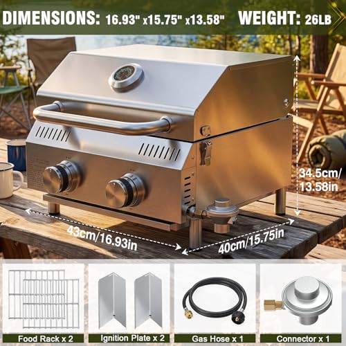 Image of Bestfire 2-Burner Tabletop Propane Gas Grill, Dual Connections, 20,000 BTU Stainless Steel Portable Grill, Fits Large Gas Cylinders /Small Canisters, for Camping, RV, Outdoor BBQ