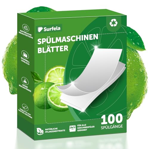 Surfela Spülmaschinen Blätter 100 Spülgänge Geschirrspülstreifen mit plastikfreier Verpackung pflanzenbasiert phosphatfrei mit Protease gegen Eiweißreste Zitronenduft