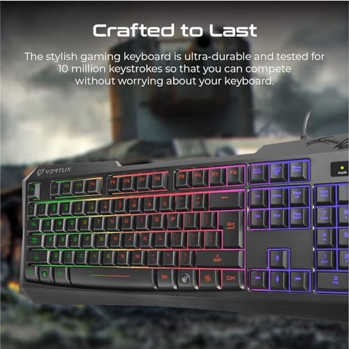 Image of Vertux Gaming Keyboard, Ergonomic Backlit Wired Gaming Keyboard with 6-Keys Anti-Ghosting, 10 Million Keystroke Life and Quick Responsive Tactile Keys for PS4, Xbox, Gamers, Office, Laptops, Radiance