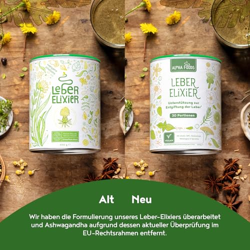 Leber Komplex Elixier 2.0 | 300g Vegan Pulver | Leberkur mit Weizengras, Spirulina, Cholin, Gerstengras, Brennnessel, Mariendistel, Löwenzahn, Chlorella | Alpha Foods