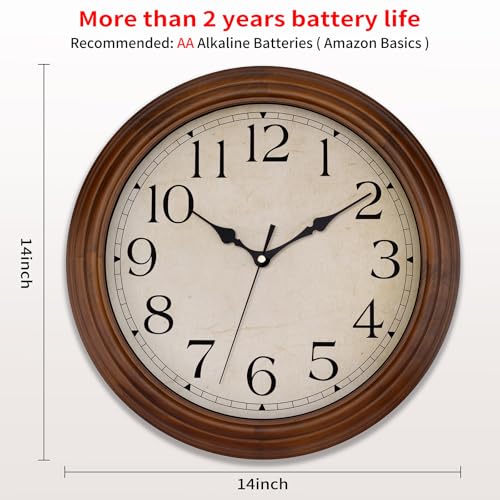 Foxtop Large Wood Wall Clock, Silent Battery Operated, 14 Inch - Image 2