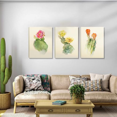 crmotu Floral Botanical Wall Art Set of 3, Cactus Flowers Vintage Wall Decor, Tropical Plant Watercolor Canvas Prints, Minimalist Wall Pictures of Living Room Bathroom Kitchen Farmhouse, 12x16inch