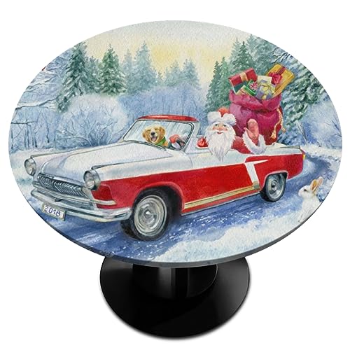 XMNYGJ Christmas Santa Claus Dog Round Fitted Tablecloth with Elastic Edge Waterproof Stain Resistant Table Cover Oil Proof Wipeable Table Cloth for Indoor Outdoor Fits Tables up to 45