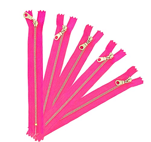 10 Pcs Black Tape Gold Brass Metal Gauge #3 Fancy Donut Pull Zippers Close End Zippers Bulk for Sewing Crafts Bags Purse[Kyezi Design & Craft] (Hot Pink, 12 inches)