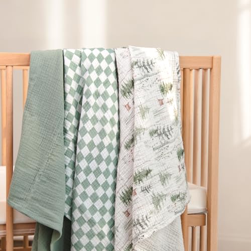 Image of lulumoon Muslin Swaddle Blankets for Baby: Lightweight & Breathable Receiving Blankets for Hospital - Neutral Registry Gift for Newborn 3pack (Sage Foreststump)