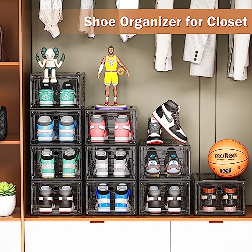 Image of caktraie 6 Pack Thicken Shoe Organizer Stackable,Upgraded Sturdy Shoe Storage Box with Magnetic Door,Shoe Containers For Sneaker Display,Hat Organizer,Black