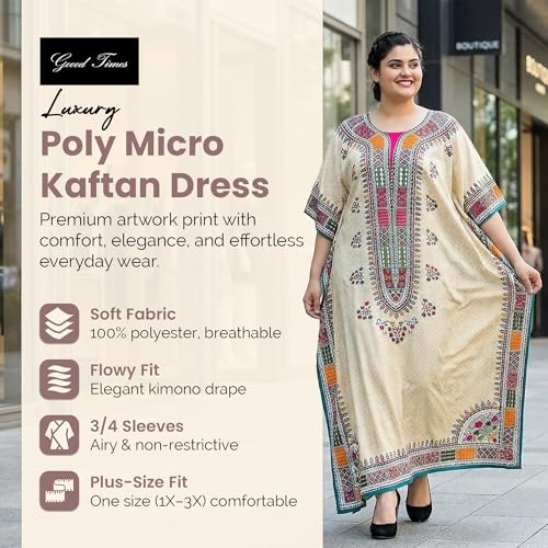 Image of Goood Times Plus Size Kaftan Long Maxi Kimono for Women, 52 inch Length, 3 /4 Sleeves, Caftan Nightgown for Women