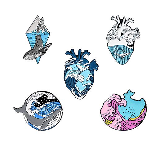 Gillna 5 Pcs Blue Ocean Wave Heart Enamel Pins Set Whale Brooches Lapel Pins Ocean Theme Freedom Blue Sea Art Badges for Bag Clothes Backpack Denim Jewelry Gifts