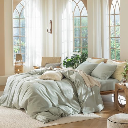Image of MooMee Duvet Cover Set 100% Washed Cotton Linen Like Super King | Relaxed Linen-like Texture. Soft, Breathable & Long-lasting Comfort. Lightweight. Hidden Zipper with 8 Interior Corner Ties