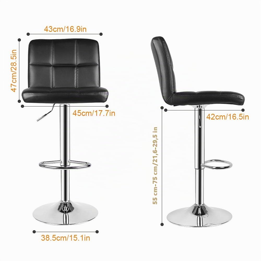 bigzzia Taburete de Bar Juego de 2, Taburetes Altos de Cocina, Cuero Sintético Silla de Bar Regulable en Altura con Respaldo y Reposapiés, Giratorio en 360°, para Cocina, Mostrador, Bar, Negro